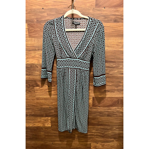 City Triangles Stretch Knit Sheath 3/4 Sleeve V Neck Mint Green & Brown Medium - Picture 1 of 12